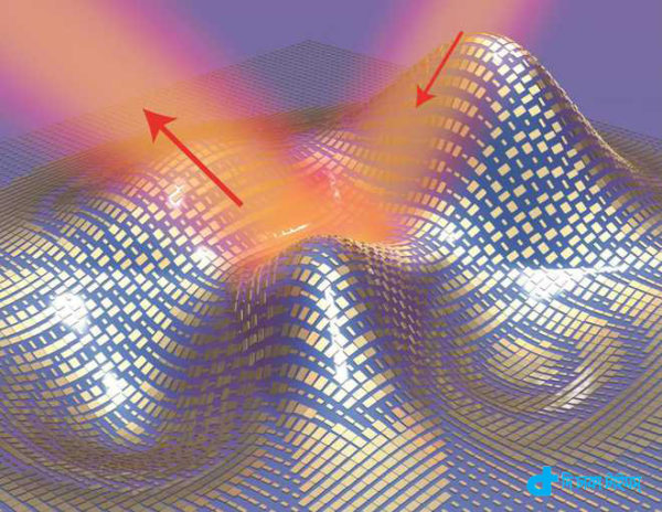 Light reflects off the cloak (red arrows) as if it were reflecting off a flat mirror in this 3D illustration of a metasurface skin cloak made from an ultrathin layer of nanoantennas (gold blocks) covering an arbitrarily shaped object is shown in this handout image courtesy of Xiang Zhang group on September 17, 2015. Scientists said on Thursday they have successfully tested an ultra-thin invisibility cloak made of microscopic rectangular gold blocks that, like skin, conform to the shape of an object and can render it undetectable with visible light.   REUTERS/Xiang Zhang group/Lawrence Berkeley National Laboratory/Handout    FOR EDITORIAL USE ONLY. NOT FOR SALE FOR MARKETING OR ADVERTISING CAMPAIGNS. THIS IMAGE HAS BEEN SUPPLIED BY A THIRD PARTY. IT IS DISTRIBUTED, EXACTLY AS RECEIVED BY REUTERS, AS A SERVICE TO CLIENTS