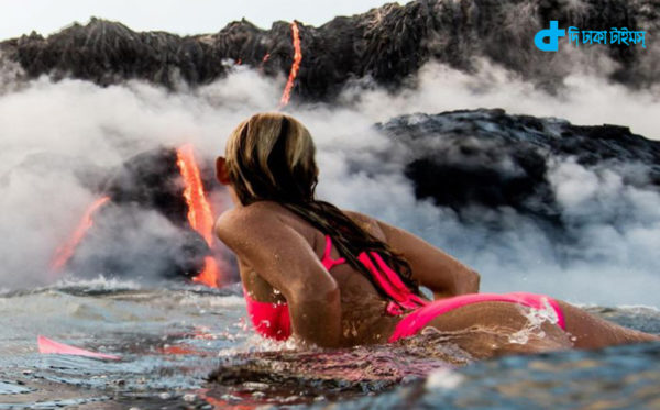 Volcanic lava swim in sea