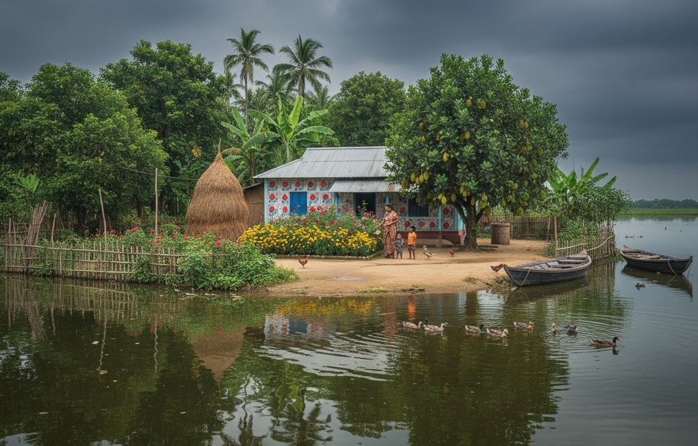 চারিদিকে পানি আর তারমধ্যে বাড়ি 4